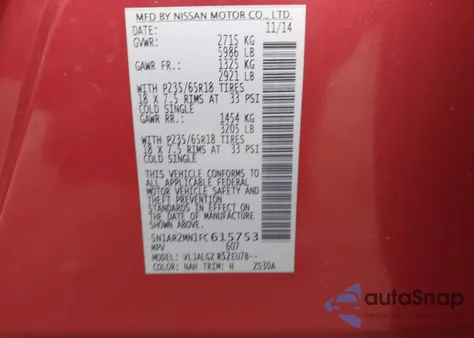 2015 Nissan Pathfinder Sl from USA, damaged, VIN 5N1AR2MN1FC615753
